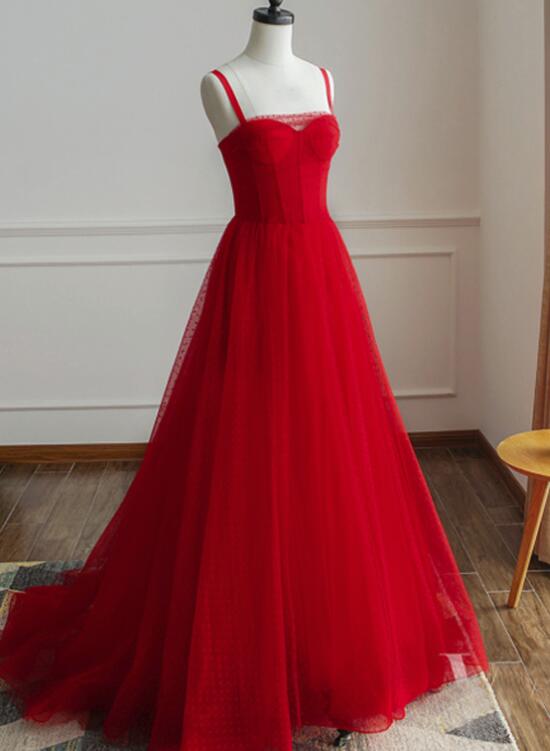 Beautiful Red Straps Tulle Elegant Formal Gowns, Red Party Dresses, Red Formal Gowns