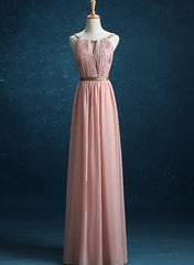 Simple Pretty New Style Pink Bridesmaid Dresses, Pleated Party Dresses Golden Belt Formal Gowns