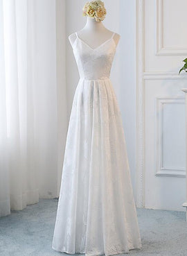Beautiful Simple Lace White Graduation Party Dresses, Long Formal Gowns, White Prom Dress