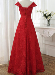 Red Cap Sleeves Lace Wedding Party Dress, Floor Length Formal Gowns, Prom Dresses