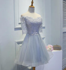 Grey Tulle Lace Homecoming Dresses , Lovely Off Shoulder Party Dresses, Cute Formal Dresses