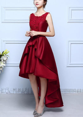Wine Red Satin and Lace High Low Homecoming Dress , Lovely Formal Dresses