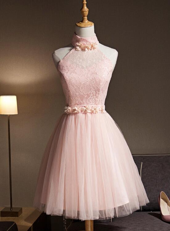 Light Pink Halter Tulle and Lace Lovely Knee Length Formal Dress, Cute Party Dress, Pink Prom Dresses