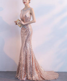 Pearl Pink Sequins Mermaid Long Prom Dress , Long Formal Gowns