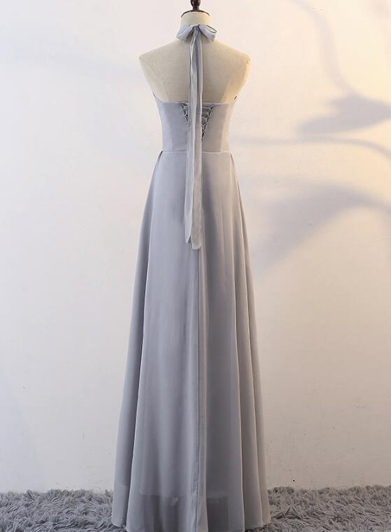 Grey Chiffon Halter Elegant Bridesmaid Dress, Bridesmaid Dress, Long Formal Gowns