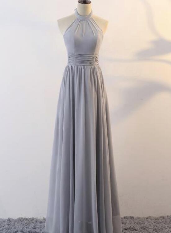 Grey Chiffon Halter Elegant Bridesmaid Dress, Bridesmaid Dress, Long Formal Gowns