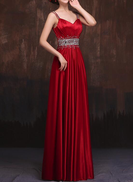 Red Straps Sequins Pretty Long Satin Formal Gowns, Red Party Gowns, Red Formal Dresses