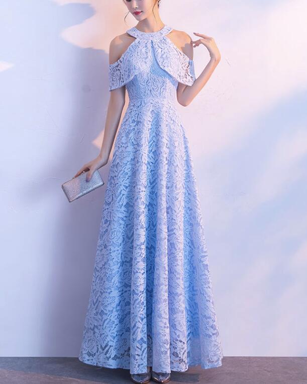 Light Blue Lace Elegant Formal Dress, Blue Prom Dress, Blue Party Dress
