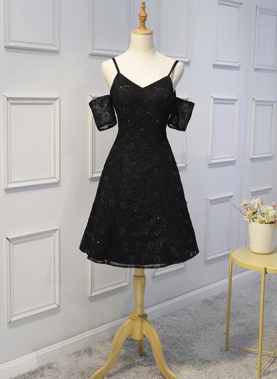 Black Lace with Sequins Homecoming Dresses, Lovely Handmade Short Prom Dress