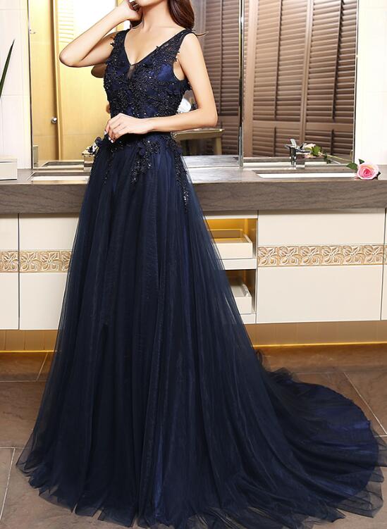 Navy Blue V Back Formal Dress with Belt, Handmade Party Dress, Prom Dress