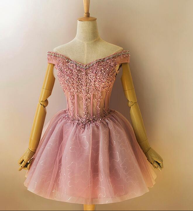 Lovely Sequins and Lace Off Shoulder Short Party Dress, Pink Homecoming Dreses