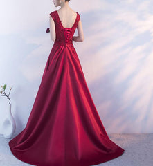 Pretty Wine Red Satin A-line Floor Length Prom Dress , Round Neckline Formal Gowns