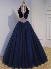 Navy Blue Tulle Beaded Gorgeous Ball Gown Evening Gowns, Sweet 16 Dresses, Formal Gown