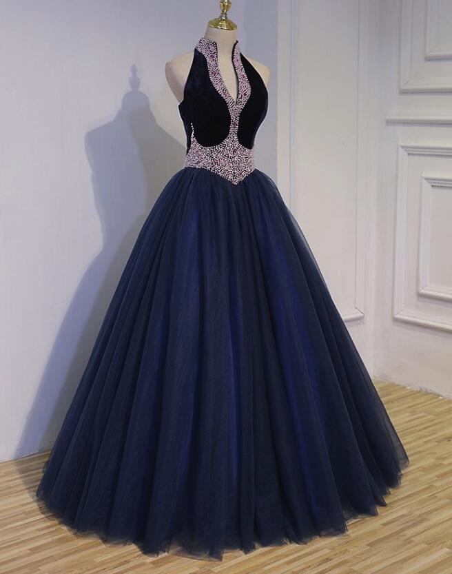 Navy Blue Tulle Beaded Gorgeous Ball Gown Evening Gowns, Sweet 16 Dres Cutedressy Navy Blue Tulle Beaded Gorgeous Ball Gown Evening Gowns, Sweet 16 Dres Cutedressy