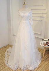 Beautiful Lace Sweep Train Wedding Dress, Simple Wedding Gowns, White Prom Dress