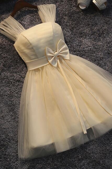 Lovely Champagne Tulle Cute Teen Party Dress with Bow, Straps Tulle Formal Dresses