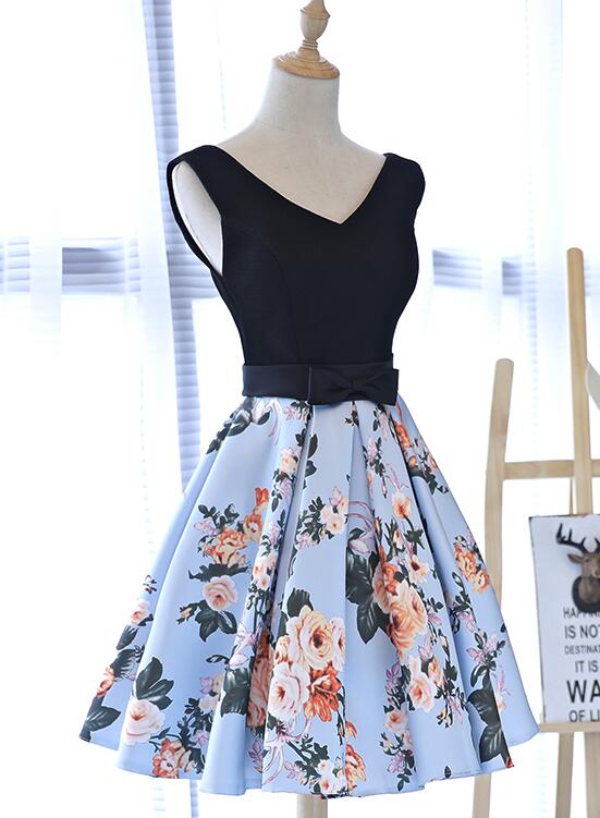Cute Blue Floral and Black Satin Homecoming Dresses in Stock, Lovely Party Dresses for Teens