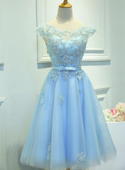 Light Blue Cap Sleeves Tea Length Vintage Style Formal Dress, Blue Homecoming Dresses