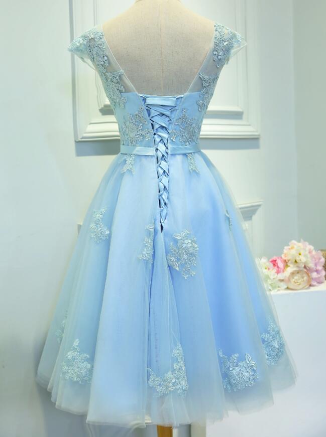 Light Blue Cap Sleeves Tea Length Vintage Style Formal Dress, Blue Homecoming Dresses