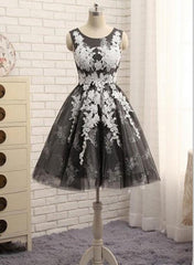 Black Tulle with White Lace Round Neckline Knee Length Homecoming Dresses, Cute Party Dresses