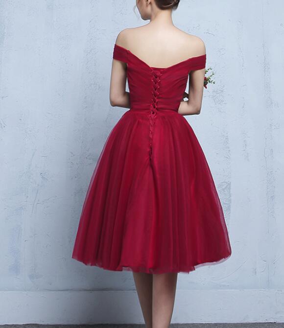 Wine Red Homecoming Dresses, Simple Tulle Off Shoulder Prom Dresses