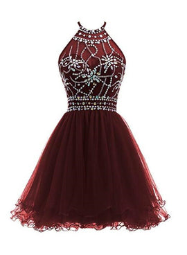Wine Red Tulle Halter Beaded Gorgeous Lace-up Back Short Homecoming Dresses, Cute Party Dresses