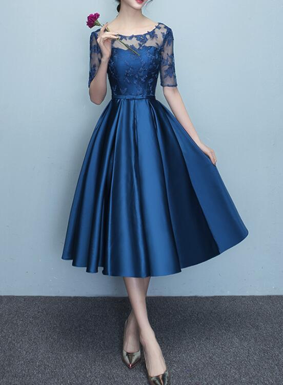 Blue Short Sleeves Tea Length Formal Dress, Blue Bridesmaid Dresses, W Cutedressy Blue Short Sleeves Tea Length Formal Dress, Blue Bridesmaid Dresses, W Cutedressy