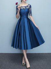 Blue Short Sleeves Tea Length Formal Dress, Blue Bridesmaid Dresses, Wedding Party Dresses
