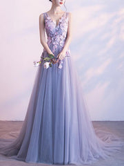 Light Grey Cute Long Flowers Prom Dresses , Lovely Party Dress, Formal Gowns