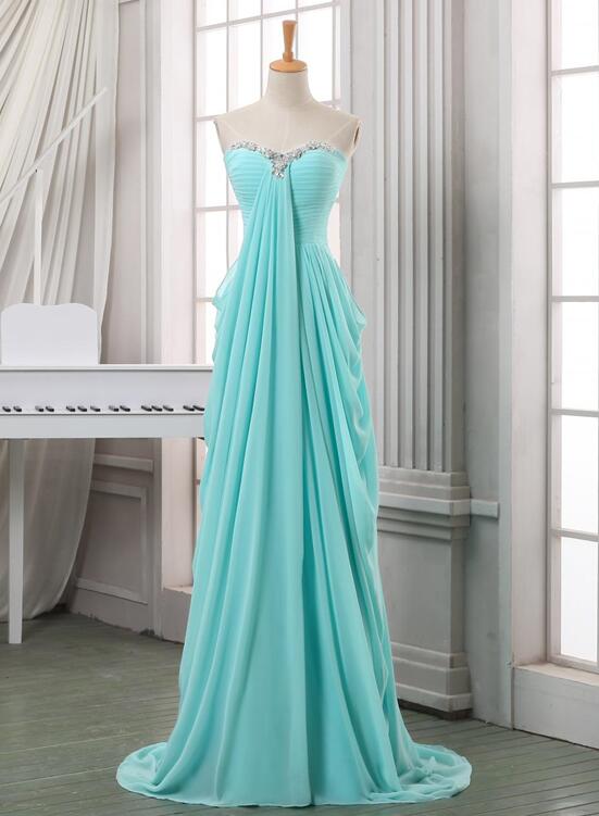 Mint Blue Chiffon Long Sweetheart Beaded A-line Prom Dress , Cute Junior Bridesmaid Dresses