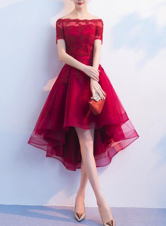 Lovely Wine Red High Low Formal Dress, Cute Party Dresses, High Low Homecoming Dresses