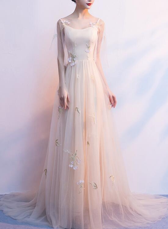 Light Champagne Tulle Long Straps Formal Gown, Gorgeous Party Dress