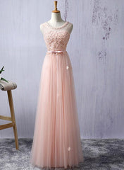 Light Pink Round Neckline Flowers Cute Floor Length Prom Dress, Wedding Party Dress