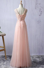 Light Pink Round Neckline Flowers Cute Floor Length Prom Dress, Wedding Party Dress