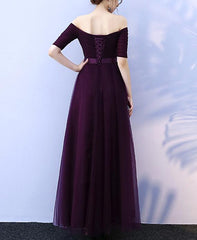 Grape Short Sleeves Bridesmaid Dress, Sweetheart Formal Dress, Prom Dress