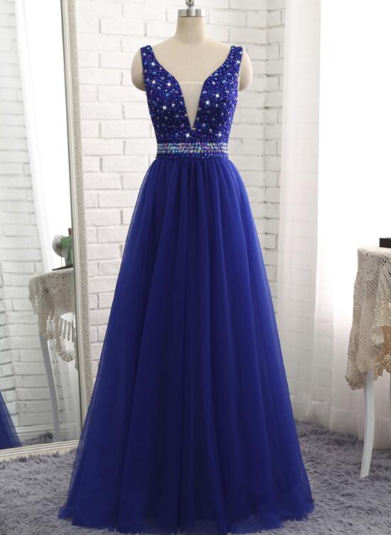 Gorgeous Royal Blue Beaded V Neckline Long Party Dress, Blue Junior Prom Dress