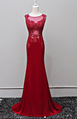 Dark Red Mermaid Long Prom Dresses, Spandex and Lace Applique Junior Prom Gowns