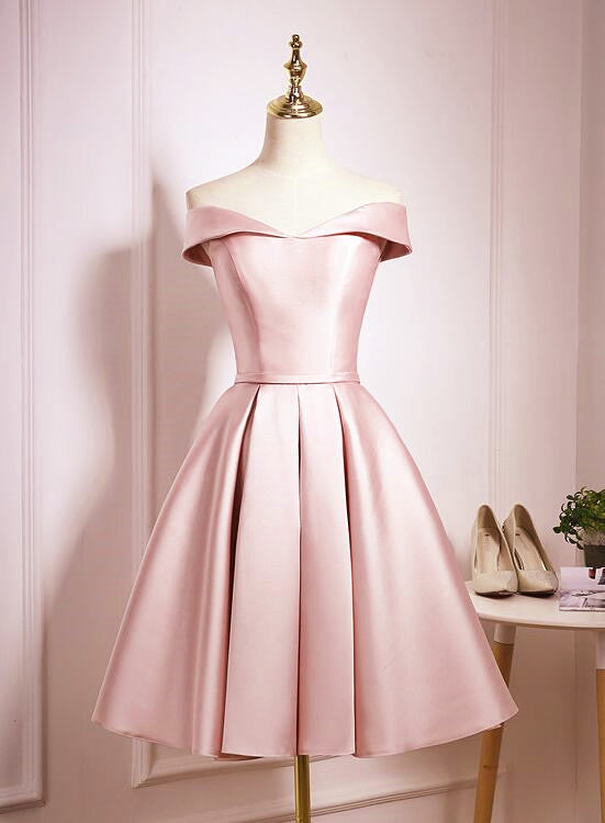 Light Pink Off Shoulder Knee Length Bridesmaid Dress, Pink Satin Homec ...