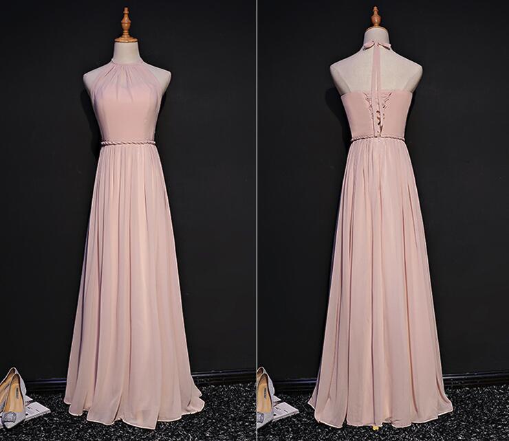 Light Pink Chiffon Halter Floor Length Prom Dress, Halter Bridesmaid Dress