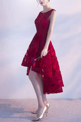 Wine Red Lace High Low Charming Formal Dress, Junior Party Dress, Cute Prom Dress
