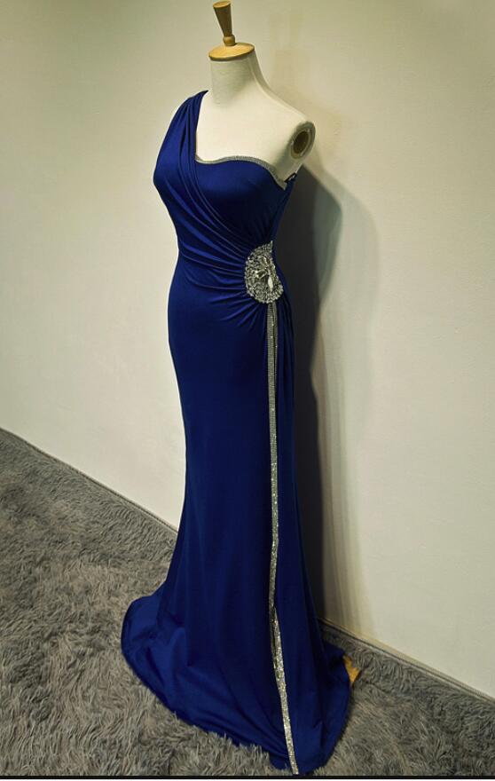 Royal Blue One Shoulder Floor Length Beaded Prom Gown, Prom Dress, Evening Party Dress