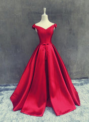 Lovely Off Shoulder with Bow Long Satin Prom Dress, Red Prom Dress 2019
