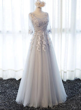 Grey Lovely Wedding Party Dress, Beautiful Tulle A-line Short Sleeves Wedding Party Dress