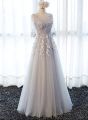 Grey Lovely Wedding Party Dress, Beautiful Tulle A-line Short Sleeves Wedding Party Dress