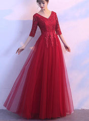 Wine Red Short Sleeves Tulle and Lace Prom Dress , Lovely Formal Gown for Weddings