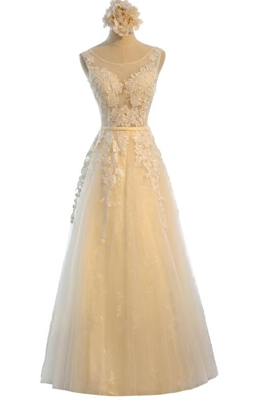 Champagne Tulle Round Neckline Long Prom Dress , Tulle Formal Dress