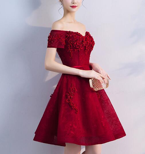 red mini dress graduation Custom Made A Line Sweetheart Neck Dark Red Short Prom Dress, Homecomi jbydress