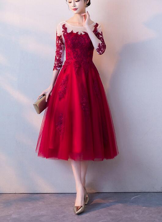 Beautiful Tulle 1/2 Sleeves with Applique Tea Length Formal Dress, Charming Party Gown