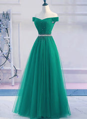 Green Tulle Off Shoulder Beaded Elegant Prom Dress , Junior Party Dress