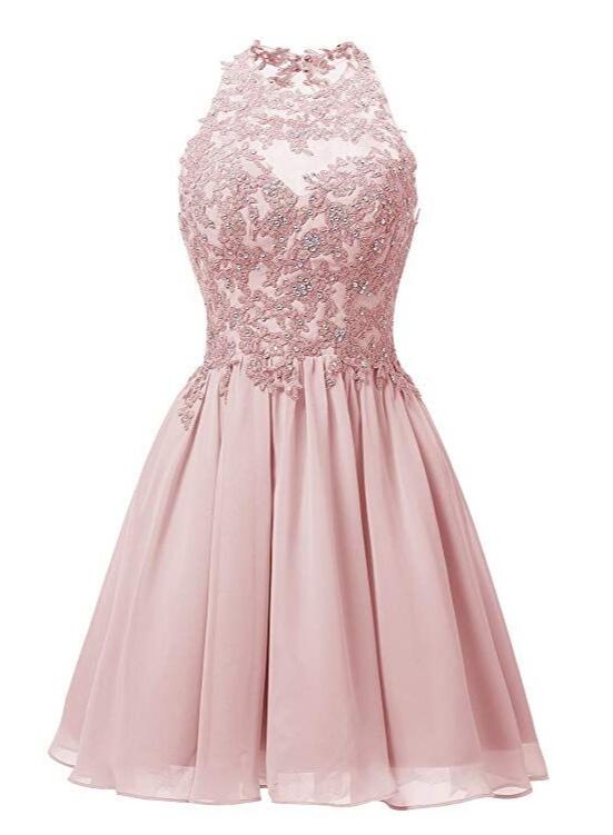 Light Pink Halter Chiffon Lace Applique Party Dress, Handmade Formal Dress